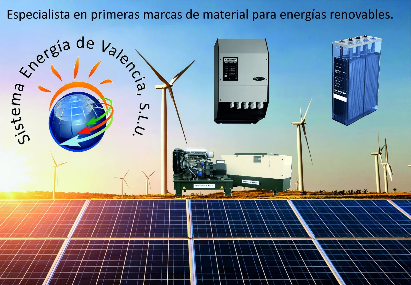 Material de energía solar de Sistema Energía de Valencia: paneles fotovoltaicos, inversor, batería, grupo electrógeno y aerogeneradores